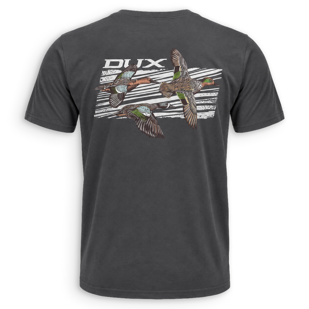 A dark charcoal gray t-shirt shown from the back, featuring a large graphic print of three flying mallards and the word 'DUCK' in white text over a striped background.