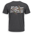A dark charcoal gray t-shirt shown from the back, featuring a large graphic print of three flying mallards and the word 'DUCK' in white text over a striped background.