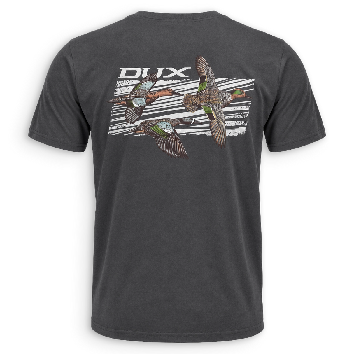 A dark charcoal gray t-shirt shown from the back, featuring a large graphic print of three flying mallards and the word 'DUCK' in white text over a striped background.