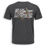 A dark charcoal gray t-shirt shown from the back, featuring a large graphic print of three flying mallards and the word 'DUCK' in white text over a striped background.