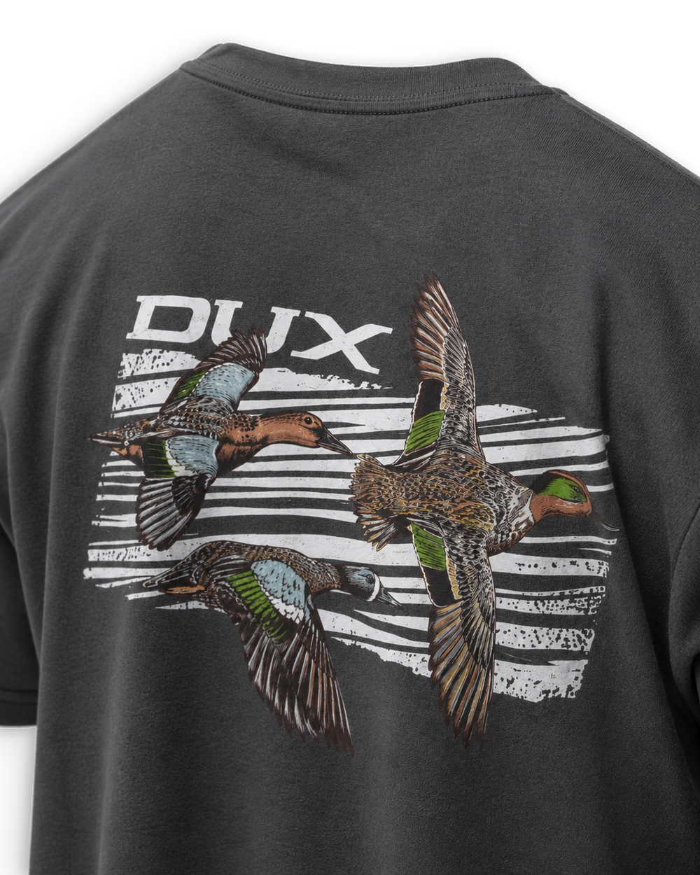 Close-up of the back of a dark charcoal gray t-shirt featuring a large graphic print of three flying ducks and the brand name 'DUIC' in white over a black-and-white striped background.