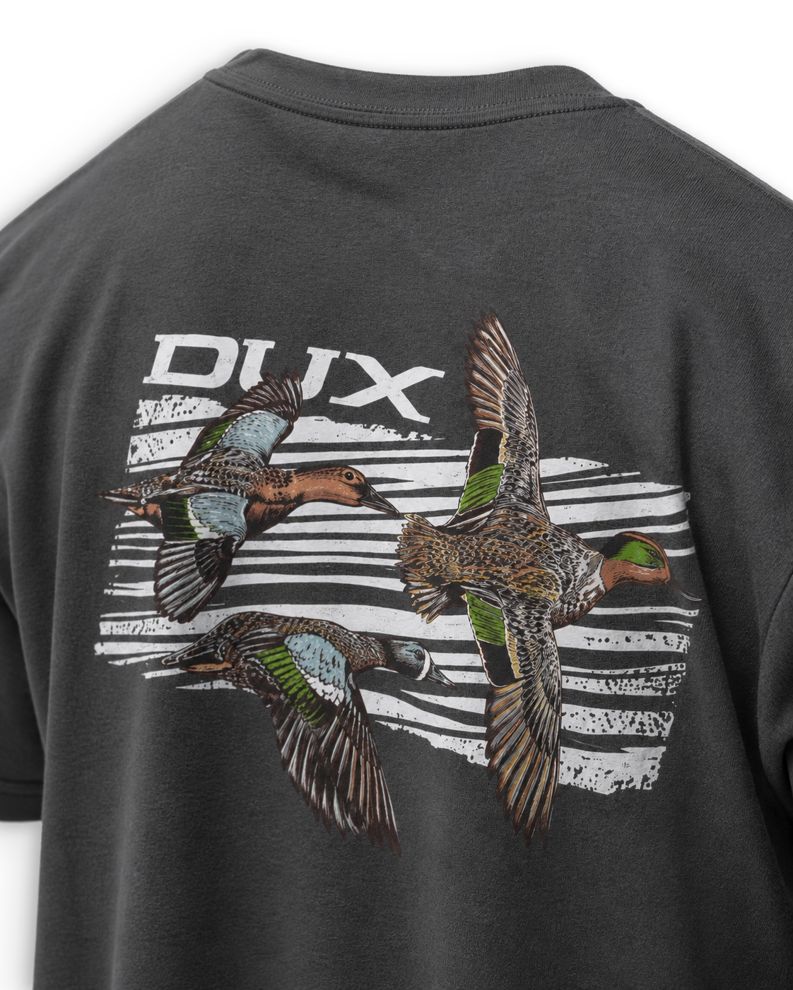 Close-up of the back of a dark charcoal gray t-shirt featuring a large graphic print of three flying ducks and the brand name 'DUIC' in white over a black-and-white striped background.