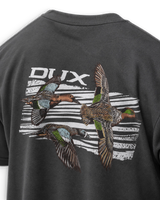 Close-up of the back of a dark charcoal gray t-shirt featuring a large graphic print of three flying ducks and the brand name 'DUIC' in white over a black-and-white striped background.