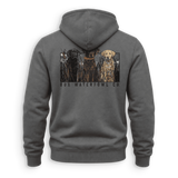A dark gray pullover hoodie shown from the back, featuring a graphic print of three dogs in a marsh with the text 'DUX WATERFOWL CO.' underneath.