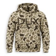 A camouflage pullover hoodie with a large black 'DUX' logo and 'WATEROWL.COM' text printed on the chest, displayed against a solid white background.