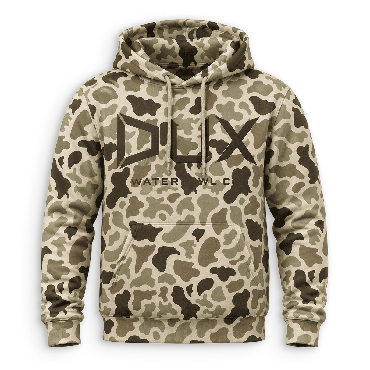 A camouflage pullover hoodie with a large black 'DUX' logo and 'WATEROWL.COM' text printed on the chest, displayed against a solid white background.