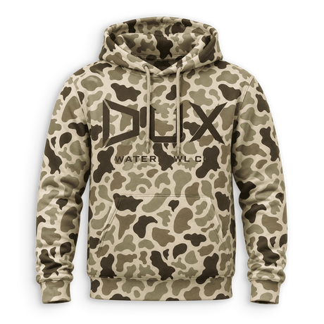 A camouflage pullover hoodie with a large black 'DUX' logo and 'WATEROWL.COM' text printed on the chest, displayed against a solid white background.