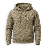 A camouflage pullover hoodie in shades of olive green and tan, featuring a dark 'DUX' logo printed on the chest, shown against a plain white background.