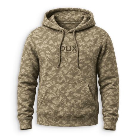 A camouflage pullover hoodie in shades of olive green and tan, featuring a dark 'DUX' logo printed on the chest, shown against a plain white background.