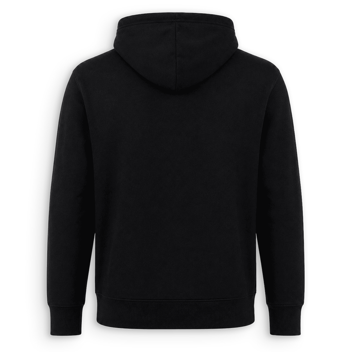 A black pullover hoodie shown from the back, featuring a simple stitched seam down the center back, ribbed cuffs, and a ribbed hem, set against a plain white background.