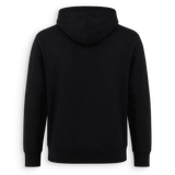 A black pullover hoodie shown from the back, featuring a simple stitched seam down the center back, ribbed cuffs, and a ribbed hem, set against a plain white background.