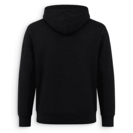 A black pullover hoodie shown from the back, featuring a simple stitched seam down the center back, ribbed cuffs, and a ribbed hem, set against a plain white background.