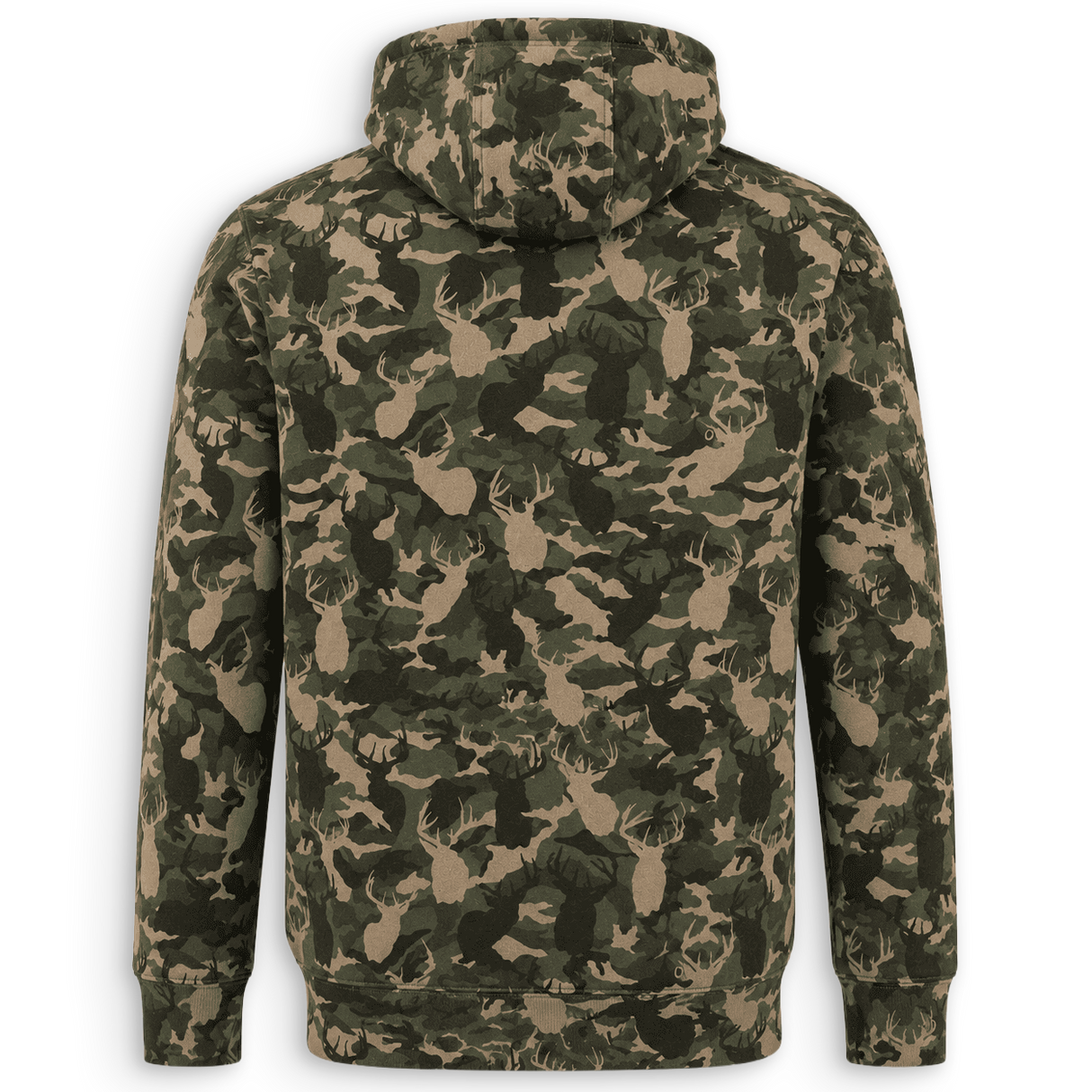 A long-sleeve hooded sweatshirt shown from the back, featuring an all-over camouflage pattern in shades of olive green, dark green, and tan.