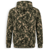 A long-sleeve hooded sweatshirt shown from the back, featuring an all-over camouflage pattern in shades of olive green, dark green, and tan.