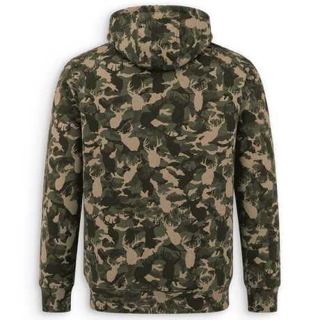 A long-sleeve hooded sweatshirt shown from the back, featuring an all-over camouflage pattern in shades of olive green, dark green, and tan.