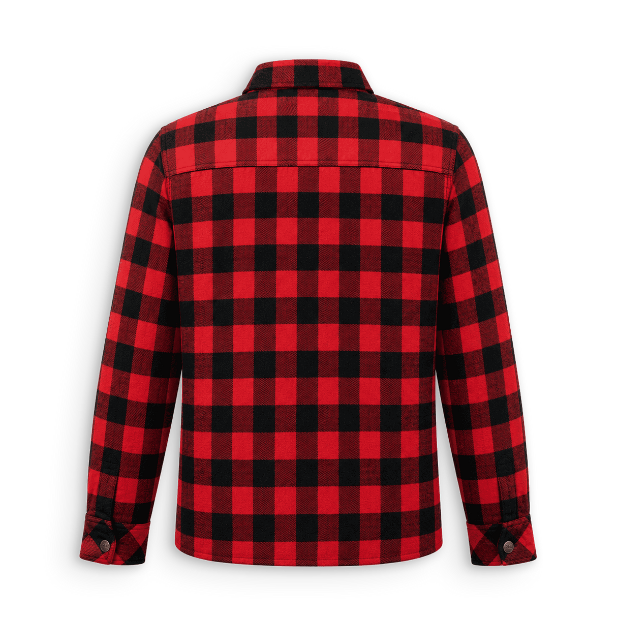 A red and black buffalo plaid long-sleeve flannel shirt shown from the back, featuring a button-down cuffs and a classic checkered pattern, isolated on a white background.