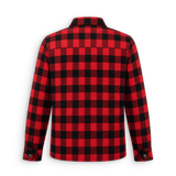A red and black buffalo plaid long-sleeve flannel shirt shown from the back, featuring a button-down cuffs and a classic checkered pattern, isolated on a white background.