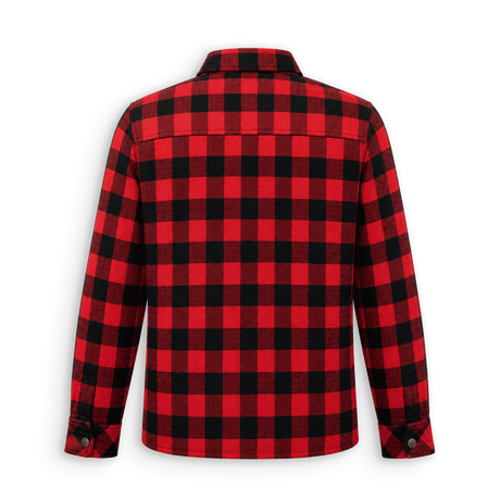 A red and black buffalo plaid long-sleeve flannel shirt shown from the back, featuring a button-down cuffs and a classic checkered pattern, isolated on a white background.