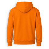 A bright orange hooded sweatshirt shown from the back, photographed on a clean white background.