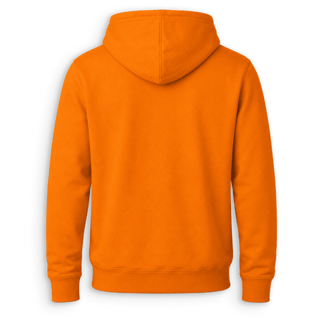 A bright orange hooded sweatshirt shown from the back, photographed on a clean white background.