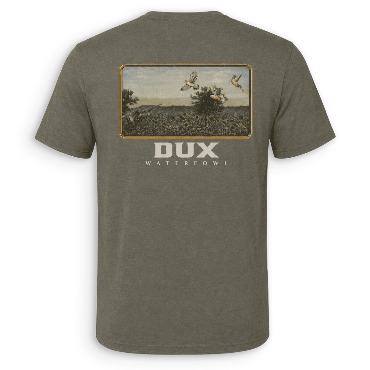 Back view of a green short-sleeved Dove shirt with a hunting scene graphic and the 'DUX' brand logo on the back


