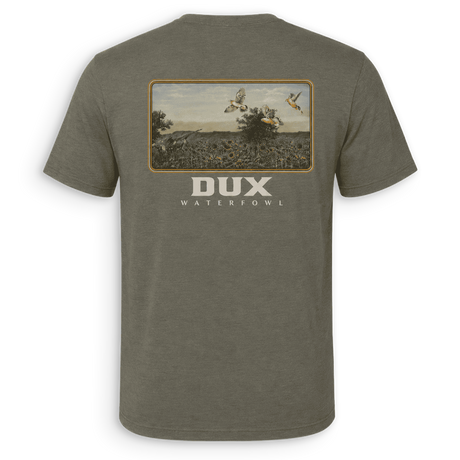 Back view of a green short-sleeved Dove shirt with a hunting scene graphic and the 'DUX' brand logo on the back

