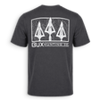 A dark charcoal gray t-shirt shown from the back, featuring a large white graphic print of three arrowheads inside a topographic frame with the text 'BUX HUNTING CO.' underneath.