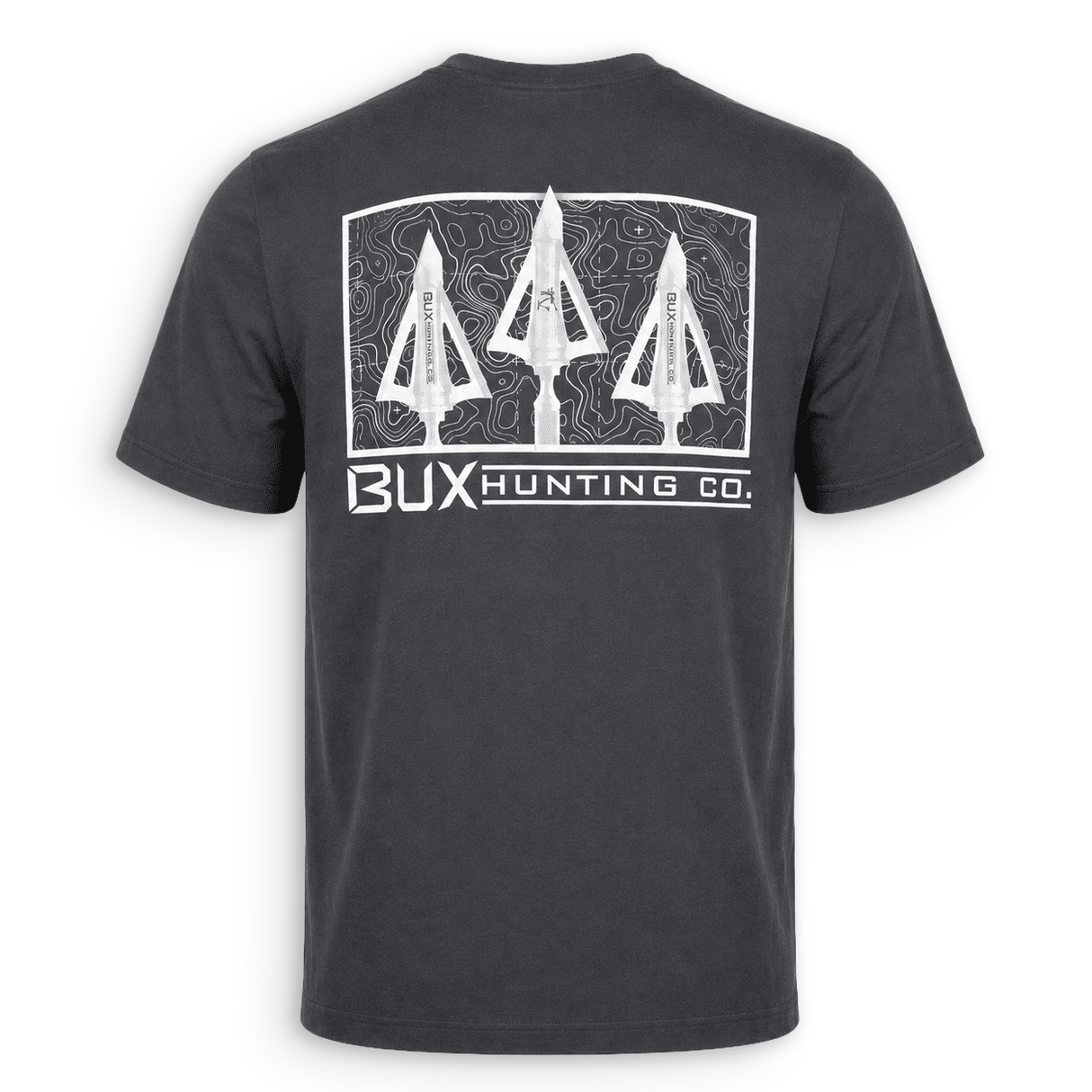 A dark charcoal gray t-shirt shown from the back, featuring a large white graphic print of three arrowheads inside a topographic frame with the text 'BUX HUNTING CO.' underneath.