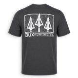 A dark charcoal gray t-shirt shown from the back, featuring a large white graphic print of three arrowheads inside a topographic frame with the text 'BUX HUNTING CO.' underneath.