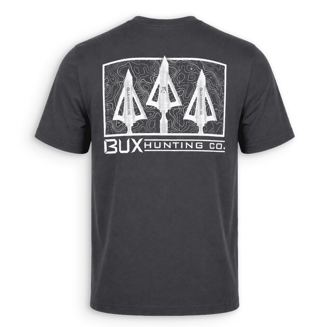 A dark charcoal gray t-shirt shown from the back, featuring a large white graphic print of three arrowheads inside a topographic frame with the text 'BUX HUNTING CO.' underneath.
