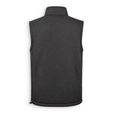 A black sleeveless zippered vest with a stand-up collar, shown from the back against a plain white background.