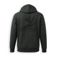 A dark charcoal gray zip-up hoodie shown from the back, featuring a tonal black graphic of a deer skull with antlers and the text 'BUX HUNTING COMPANY'.