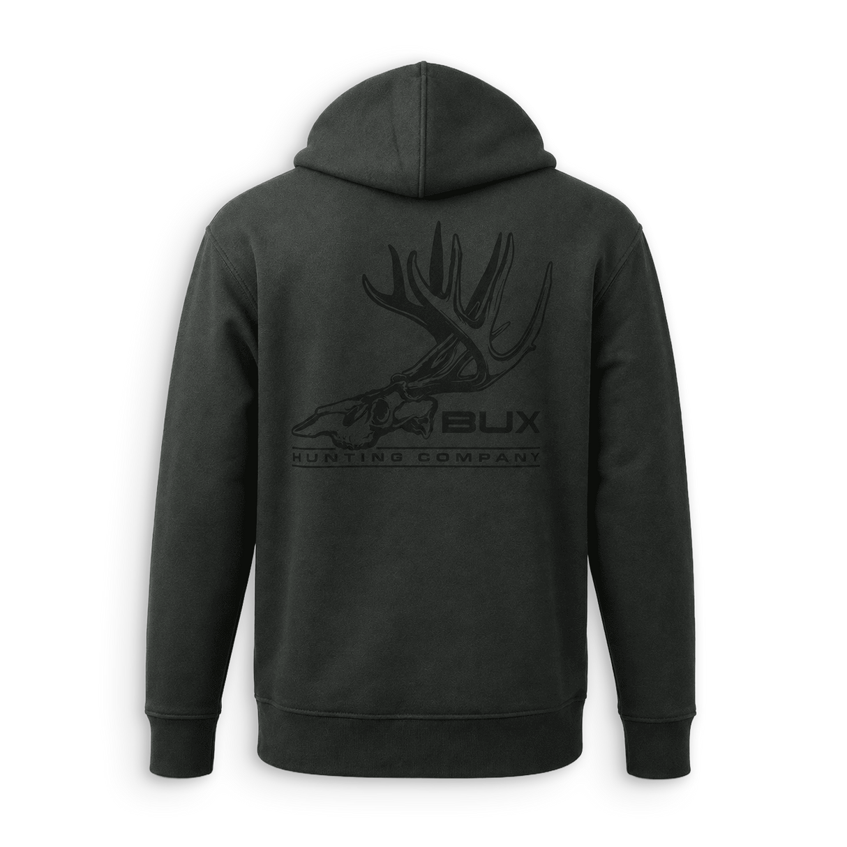 A dark charcoal gray zip-up hoodie shown from the back, featuring a tonal black graphic of a deer skull with antlers and the text 'BUX HUNTING COMPANY'.