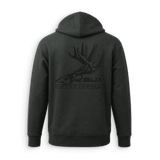 A dark charcoal gray zip-up hoodie shown from the back, featuring a tonal black graphic of a deer skull with antlers and the text 'BUX HUNTING COMPANY'.