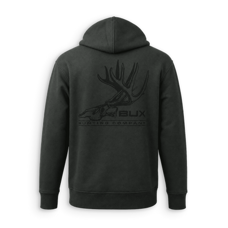 A dark charcoal gray zip-up hoodie shown from the back, featuring a tonal black graphic of a deer skull with antlers and the text 'BUX HUNTING COMPANY'.