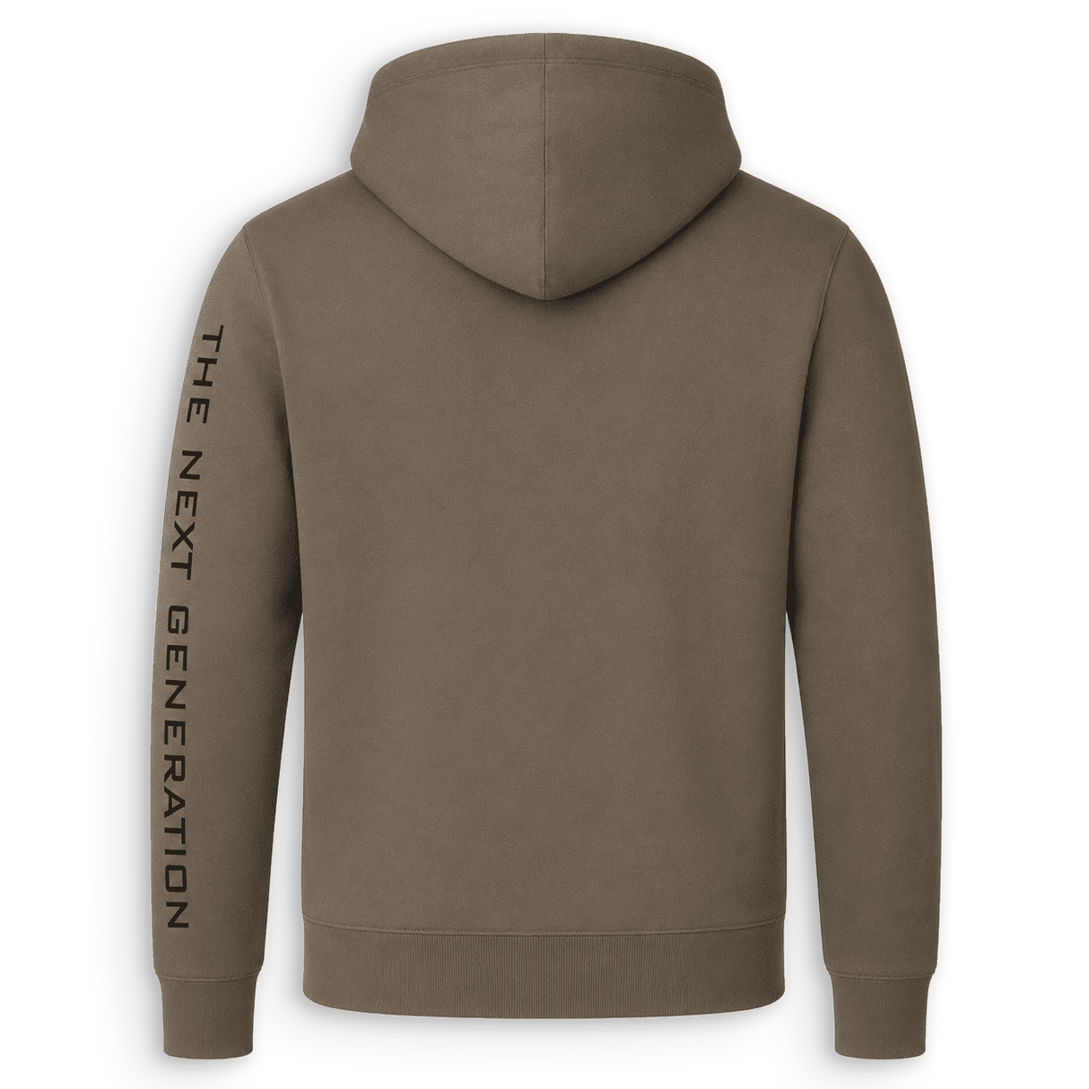 A brownish-gray hoodie shown from the back, featuring the text 'THE NEXT GENERATION' printed vertically in black on the left sleeve, set against a plain white background.