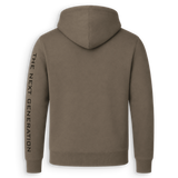 A brownish-gray hoodie shown from the back, featuring the text 'THE NEXT GENERATION' printed vertically in black on the left sleeve, set against a plain white background.