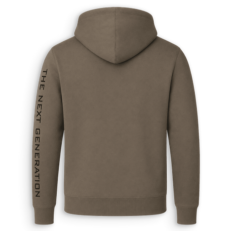 A brownish-gray hoodie shown from the back, featuring the text 'THE NEXT GENERATION' printed vertically in black on the left sleeve, set against a plain white background.