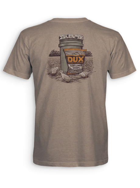 Back view of a taupe brown DUX shirt featuring Sunflower Seeds artwork with mourning doves in a field.