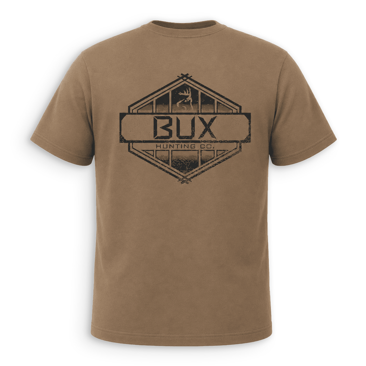 Back of tan crewneck t-shirt with black trim on the collar and sleeve cuffs, featuring a small black line-art deer logo on the left chest, displayed against a solid green background.