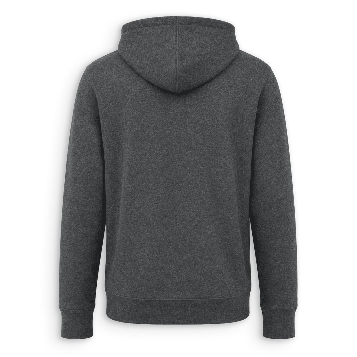 A dark gray heather pullover hoodie shown from the back, featuring a classic hood, long sleeves, and ribbed cuffs and hem, displayed on a clean white background.