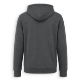 A dark gray heather pullover hoodie shown from the back, featuring a classic hood, long sleeves, and ribbed cuffs and hem, displayed on a clean white background.
