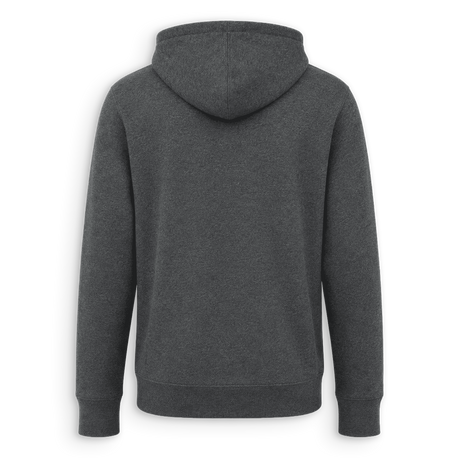 A dark gray heather pullover hoodie shown from the back, featuring a classic hood, long sleeves, and ribbed cuffs and hem, displayed on a clean white background.