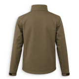 The back view of a men's softshell jacket in a solid olive drab brown color, featuring a high mock neck collar and long sleeves with adjustable cuffs.