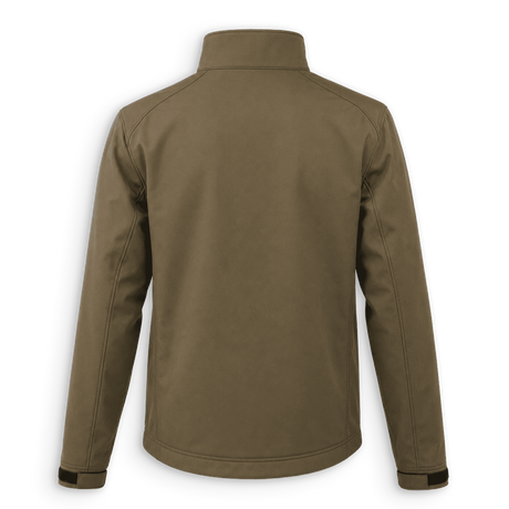 The back view of a men's softshell jacket in a solid olive drab brown color, featuring a high mock neck collar and long sleeves with adjustable cuffs.