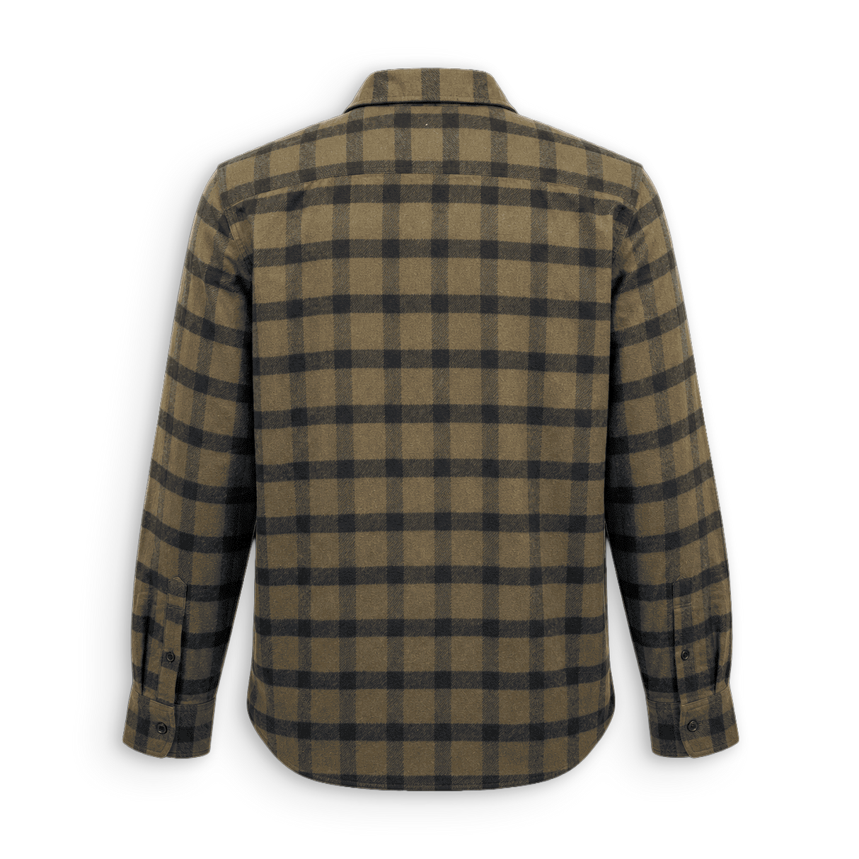 A long-sleeve plaid button-up shirt shown from the back, featuring a brown and black checkered pattern on a white background.