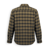 A long-sleeve plaid button-up shirt shown from the back, featuring a brown and black checkered pattern on a white background.
