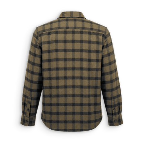 A long-sleeve plaid button-up shirt shown from the back, featuring a brown and black checkered pattern on a white background.
