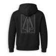 A black pullover hoodie shown from the back, featuring a large gray graphic of a compound bow inside a square frame with the text 'BUX HUNTING CO.' printed below.