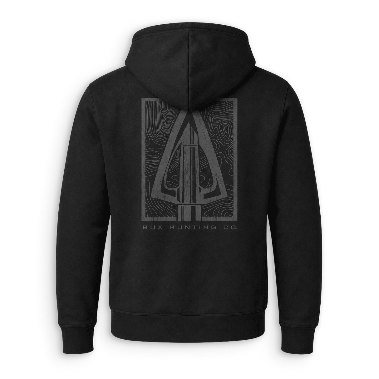 A black pullover hoodie shown from the back, featuring a large gray graphic of a compound bow inside a square frame with the text 'BUX HUNTING CO.' printed below.